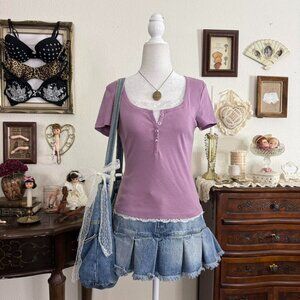 Preppy coquette dainty lavender henley top w lace trim